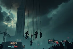 an evil government towers above, dangling marionettes below as the news media broadcasts it all in the background, dystopian, dread, horror