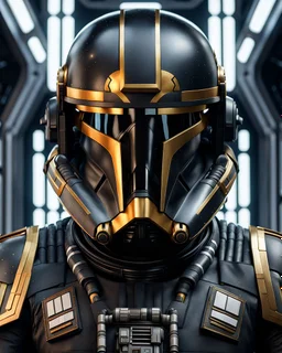 star wars bald male corellian pilot wearing dark gunmetal grey and black First Order special forces TIE pilot armored flightsuit and helmet with gold trim inside the jedi temple, centered head and shoulders portrait, hyperdetailed, dynamic lighting, hyperdetailed background, 8k resolution, volumetric lighting, light skin, fully symmetric details