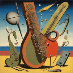 enhanced surrealism, anthropomorphic musical instruments, unrelenting absurdity, by Desmond Morris and Max Ernst, collage-like magical realism, mind-bending surreal images, colorful, artistic dynamic diagonal lines, rule of thirds, minimalism