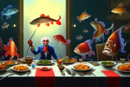 supper, fish sit at the table and eat pieces of people.