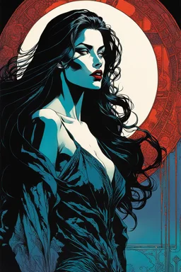 create a woodcut of an ethereal, otherworldly seductive ancient female Lasombra vampire , in the comic book art style of Mike Mignola, Bill Sienkiewicz, and Jean Giraud Moebius, with highly detailed and sharply defined feminine facial features , finely penciled and inked , dramatic natural lighting