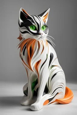 Sculpture of a beautiful cat with long, wavy, thick hair, pointed ears, bright green eyes, Zaha Hadid style, orange, black and white colors, ultra quality, (((full body))), sitting on the floor