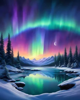 Aurora borealis illuminates the night sky in shades of viridian, amethyst, and azure, intricate swirls dancing above a serene landscape, alarm clock infused with a fundamental malfunction symbolizing the transience of time, winter's quietude. Tranquil, serene glow, dreamlike atmosphere, perfect symmetry, balanced composition, sharp focus, high-quality detailing, vivid color saturation, breathtaking emotional impact, ultra