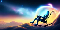 one old robot alien relaxing in a rocking chair. night. sunglasses . nebula sky