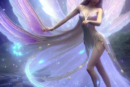  beautiful cosmic fairy, long hair, nice smiling, transparent wings, magic glamour make up, delicate colors, beautiful glamour galactique dress, ultra sharp focus, 8k, unreal engine 5, extremely sharp detail, light effect, soft light atmosphere of a spaceship, smooth, full of details, face in front, complete vision of face and hair and body