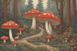 a detailed beautiful mushroom gnome retro forest. art nouveau. (Stanley Mouse psychedelic, Art Nouveau-influenced concert posters) more kitchen elements around. gorgeous forest in the background. surrounded by an art deco mushroom border.