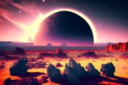 one distant exoplanet in the horizon, rocks, vegetation, epic vision, photo
