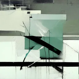 Minimal contemporary abstract oil paintings of desolate 1960s carpark with road markings and concrete fragments. Overlay with grungy typography graphics. style of Justin Mortimer and Francis Bacon.