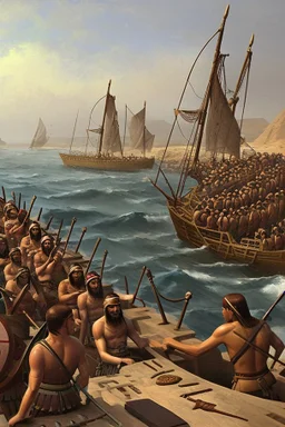 [egypt, end of Bronze Age, Philistines] Philistines' warriors on Sea peoples' ship as described by Wachsmann, in To the Sea of the Philistines.