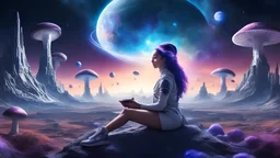 beautiful women sitting without bro meditating on blue, purple mushroom in space, city and space ships of the future at the back ground planets above hyper realistic.