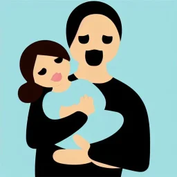 full view, flattened vector image icon of a man and woman holding a baby in a bundle, dark blue and light blue color palette, transparent background.