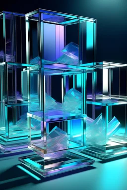 abstract rendering of 6 thin, transparent, iridescent and holographic geometric rectangles in frozen glass rotating around a center in space