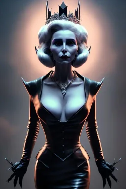 Constance Langdon as evil queen in black leather, leather, busty, cleavage, angry, stern look. character design by cory loftis, fenghua zhong, ryohei hase, ismail inceoglu and ruan jia. unreal engine 5, artistic lighting, highly detailed, photorealistic, fantasy