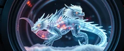 The image depicts a fantastical space general ship snow soup, specifically a transparent dragon with neon flash aura, with a unique and whimsical appearance. The dragon is positioned in a circular frame, which suggests it might be inside a container or a vessel. The dragon's body is elongated and has a segmented appearance, with a detailed texture that gives it a realistic look. Its head is covered with white, spiky hair, adding to its fantastical charm. From the weird dragon lab.