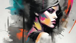 aesthetic, painterly style, modern ink, jinx hot, neon, sensual, sultry, dark blouse, expressive pose, urbanpunk, abstract texture multilayer background, neo-expressionist , Russ Mills, Ian Miller