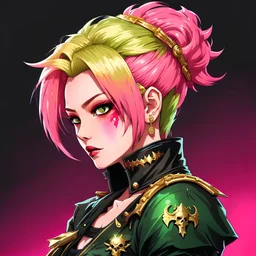 side face,profile picture,2dcg,anime art style,golden and green color,pink princess hair cut ghoul biker lady,pure black color background,gore,violence,Decapitation,dismemberment,disturbing,Monster,guts,morbid,mutilation,sacrifice,butchery,meathooks,no hands,do not draw hands