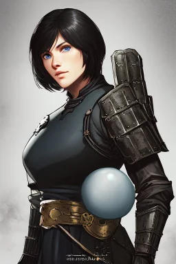 Motoko Kusanagi from "Ghost In The Shell (1995)", clad in medieval stell plate armour, alone, blue eyes, perfect, beautiful, black hair, realistic proportions, androgynous