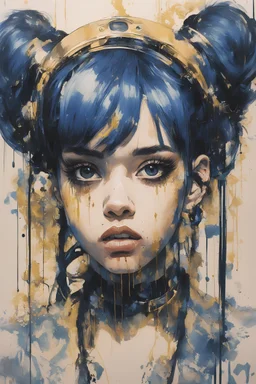 A portrait of a Singer Melanie Martinez face, cyberpunk, painting by Yoji Shinkawa, darkblue and gold tones,