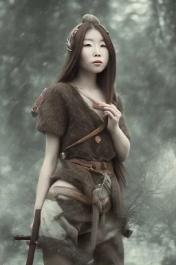 wonderfull japanese woman, big chest, in rain, portrait, viking costume, village, meditation, woods, cyberpunk, 8k quality