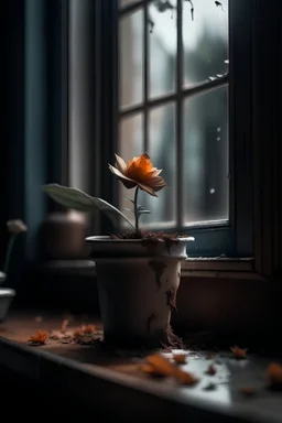 Dying flower in pot, sitting on windowsill, petals falling off, he, realism, hdr, 4k, leica, fujifilm, dslr, cinematic