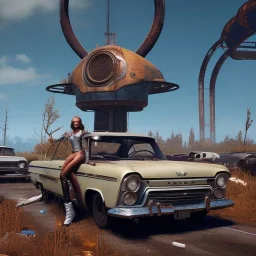 children of the atom,rags, happy cute model sitting on roof of a caravan, wreckfest, spectacular graphics, unreal, road, bridge, fallout 4