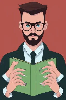 Fit man in round glasses with bookshelf in background, stubble,no beard, reading book, slim, tie, monotone, green eyes, comic book style, two tone colours, detailed, ink, realistic, handsome, square jaw, big brows, no jacket, bird on the shoulder, spotlight