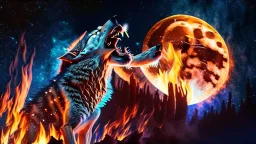 half wolf half dale howls at the moon with thousands of starlink satellites on fire