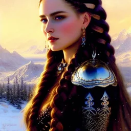 portrait beautiful face viking queen,braids,busty,,snow,castle,mountains,ancient leather armor, balanciaga fashion clothe painting by gaston bussiere, greg rutkowski, yoji shinkawa, yoshitaka amano, tsutomu nihei, donato giancola, tim hildebrandt, oil on canvas, cinematic composition, extreme detail,fit full head inside picture,16k