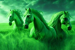 fantasy magical green horses in a field
