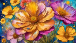 ideal image optimization, the best lush big Cosmos flower result, Create stunning summer flowers art combining Gustav Klimt's intricate style with Pierre-Auguste Renoir's vibrant brushstrokes. Use alcohol ink splatter for dynamic elements. Aim for hyper-detailed super realism in 8K, with bright neon colors and gold accents, capturing a radiant summer day. Add an Art Nouveau aesthetic to enhance elegance and sophistication of this award-winning Masterpiece seamless pattern