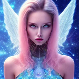 Face Angel crystalline,blond hair, blue eye ,pink , cosmic, opalescent, gemstones, crystals, other worldly,water,bright, ice background, snow lake blue