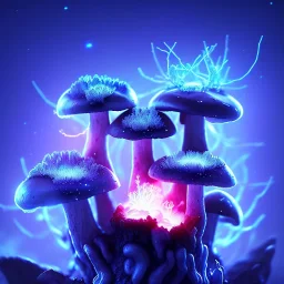 Spherical Frost metal magic armoured lightning glowing Mycelium MUSHROOM stars galaxy SPACE lANDSCAPE BURNING IN BLUE FLAMES hellfire abyss math chaos vivid cell