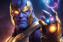 A sporty looking man with With a serious his face while holding Thanos' gantlet K's infinity gauntlet has six infinity stones