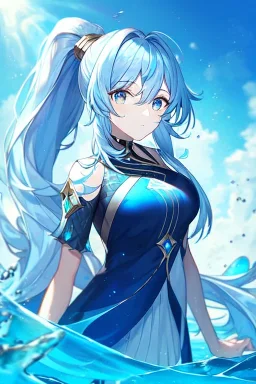 girl, masterpiece, best quality, cinematic lighting, detailed outfit, vibrant colors, perfect eyes, light blue hair, blue eyes, messy hair, long hair, hair in between the eyes, water magic, ponytail,