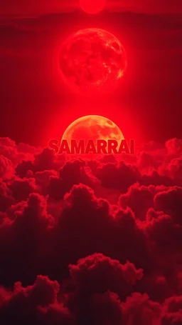 A huge ball of red fire above swirling “ clouds, the word “ SAMARRAI “ in 3D colour red emerges from the heart of a raging storm , all red. Turbulent winds of steam swirl around the sun lit by shafts of sunlight that cast dramatic shadows on the A beautiful sun , all in red colours , High quality 16k cinematic scene and great photography