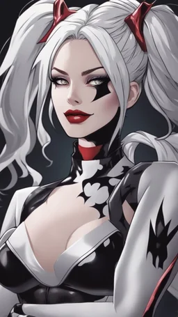 A close picture to Mix between Harley Quinn and venom symbiote with white hair in solo leveling shadow art style