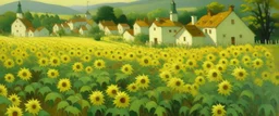 An ivory village with sunflowers painted by Birge Harrison