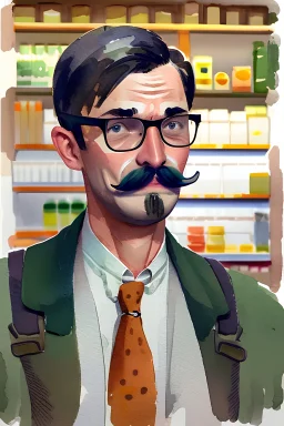 Mustached and bespectacled man clerking in a small rural grocery store in 1920. Watercolor and pen illustration by michal sawtyruk, trend in artstation, long brush strokes.