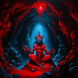 An painting of Hindu god YAMA with animal in a cave, neon red colors, high detail, dark vibe