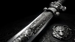 A magnificent sword with a wolf head handle, forged from strong, gleaming steel that shines with an almost supernatural light. The blade is long and slightly curved, meticulously polished to a mirror finish, and etched with intricate patterns resembling flowing fur, giving the impression of a wolf in motion. The cutting edge is razor-sharp, reflecting the skill of a master blacksmith. Along the spine of the blade, runes are inscribed, glowing faintly with a silver-blue light, suggesting a powerf