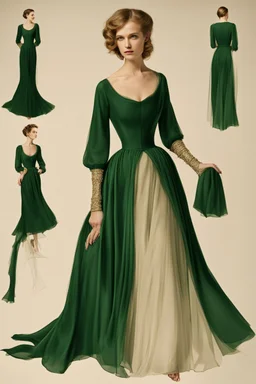 A long, flowing dress in a deep emerald green. The dress would have a high neckline, fitted bodice, and A-line skirt. The sleeves would be sheer and billowy, with delicate embroidery at the cuffs. The dress would be belted at the waist with a gold metallic belt.