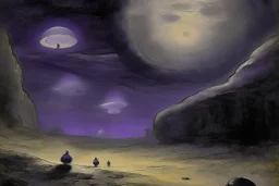 A grayish violet outer space with UFOs designed in Lascaux cave paintings painted by Albert Pinkham Ryder