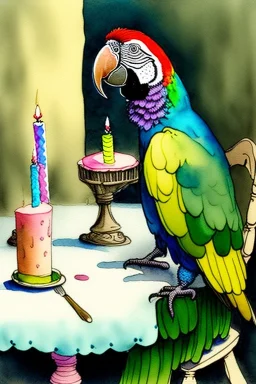 Parrot is sitting at a table with a birthday cake. Watercolour