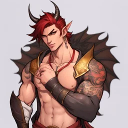 A Young Adult Male. A unique blend of Wood Elf and Red Tiefling features. His handsome face contrasts with the Yakuza dragon tattoos that completly cover his back, arms, and legs. He is wearing a torn coat, he also has earings. A physique that is strong and well-built, resembling a Fighter.