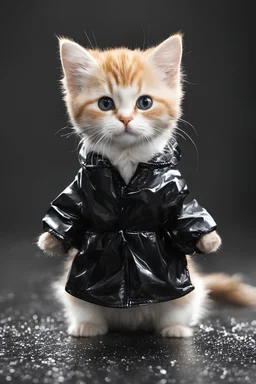 baby cat in raincoat. Chibi, Photograph, Canon DSLR, Tilt - shift, black background, high definition, Complete and coordinated composition, 8k