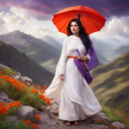 Hyper Realistic Beautiful Young Happy Pashto Woman With Beautiful-Black-Eyes-&-Black-Hair-&-A-Mole-on-Her-Face Wearing White-Frock & Purple-Shawl-With-Orange-Embroidery Carrying An Red Umbrella On Mountain-Top With Greenery & Breathtaking Cloudy-Weather Showing Dramatic & Cinematic Ambiance