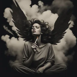 woman sitting forward Her face upward and blows cigarette smoke from their mouth upward. a figure with wings emerging from its back. behind the clouds of smoke look death. dark and mysterious