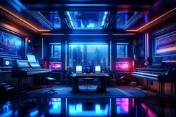 an empty tokyo music studio with keyboard desk speakers and monitors in the heart of a neon-lit, metropolis for robots, filled with diverse futuristic technology. The scene is a blend of gritty realism and vivid imagination, with towering holographic and a cacophony of sights and sounds. 32K UHD, dynamic colors, and intricate details create an immersive and engaging image.