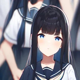 Clear focus,High resolution,8k,High quality, Black short straight hair, medium bangs, and vivrant blue eyes, wearing a sailor uniform, Extreme Close up