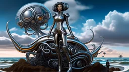 woman with dark hair in a silver robotic catsuit, standing on a futuristic alien beach with a crashed spaceship in the water, with mushrooms with octopus tentacles flying in the air